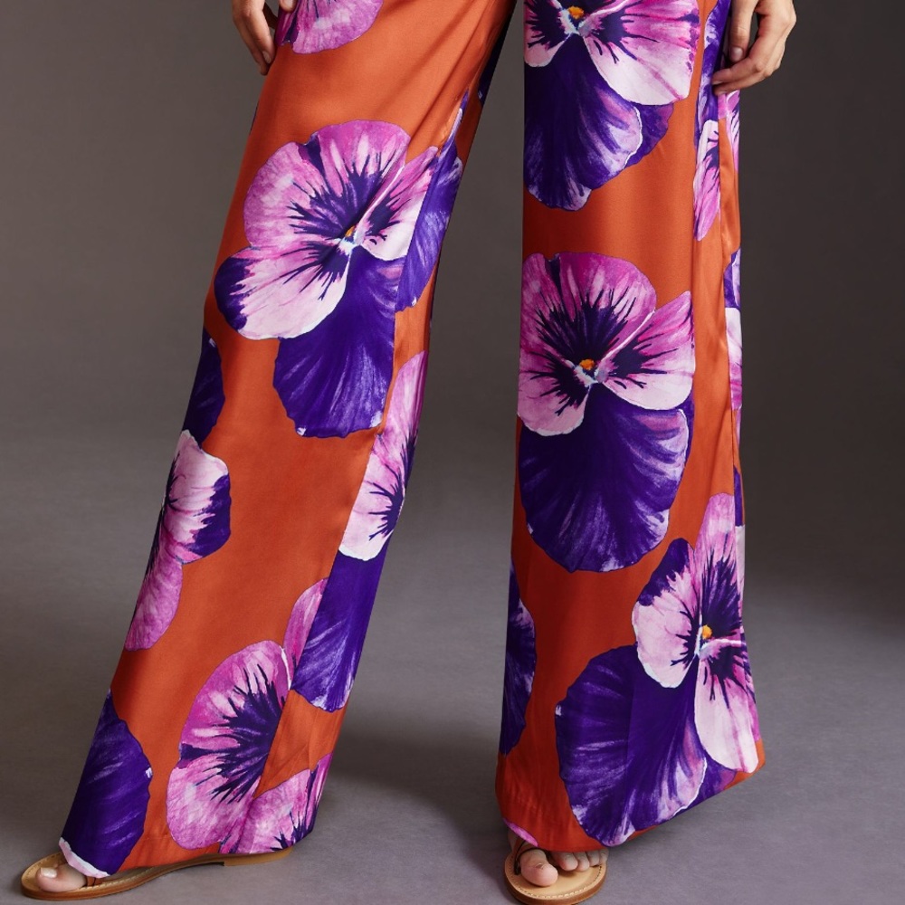 Anthropologie Wide-Leg Pants in Rust with Purple & Pink Floral Print - Picture 2 of 12